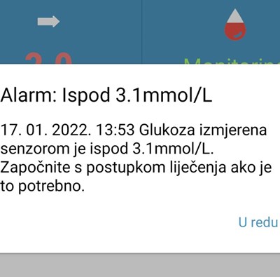Alarm HIPOGLIKEMIJA (ispod 3,1 mmol/L)